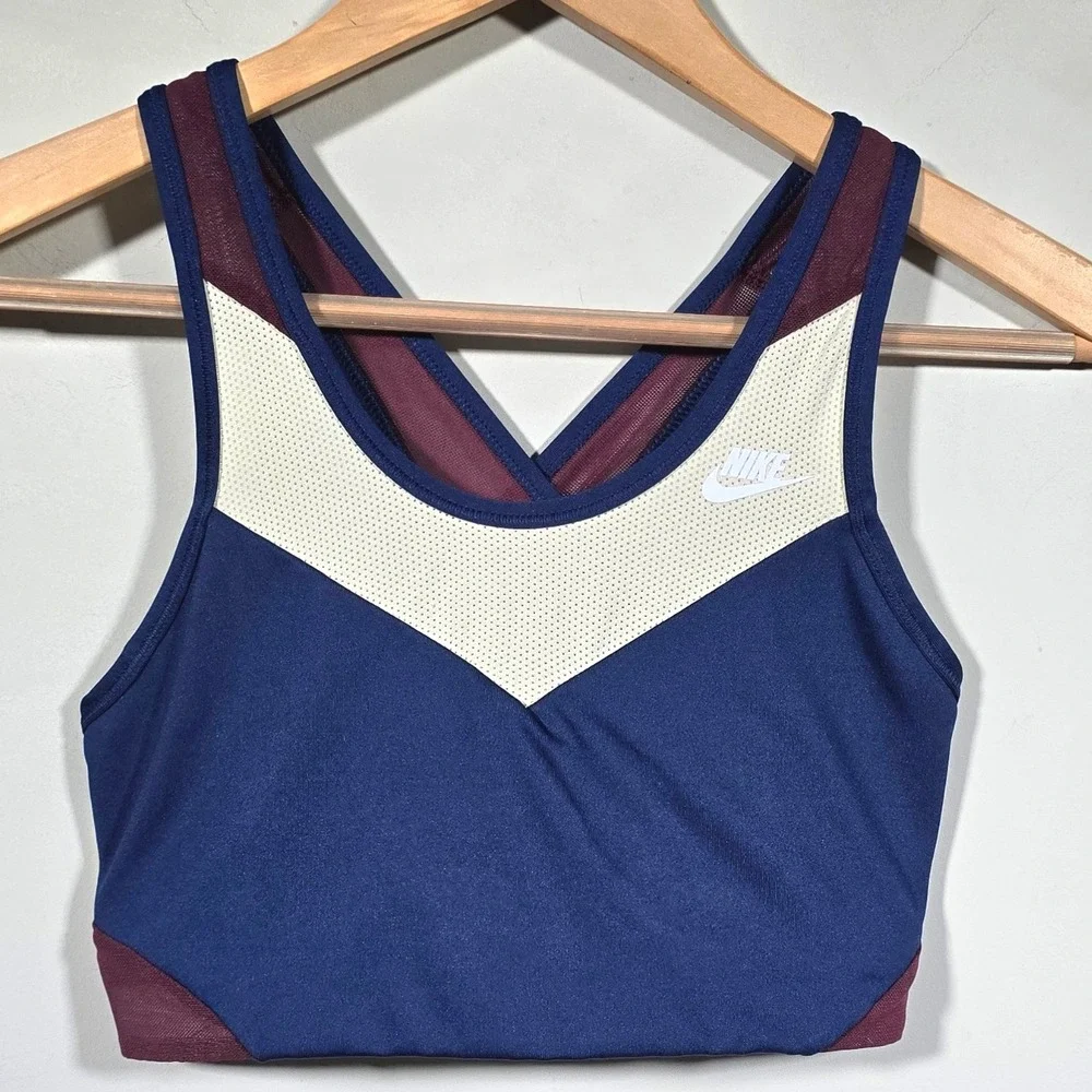 Nike Dri-FIT Swoosh Sports Bra Size M Blue Burgundy White Racerback‎ Athletic